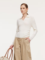 100% Wool V-Neck Ruched Women Polo Knit Top GOELIA