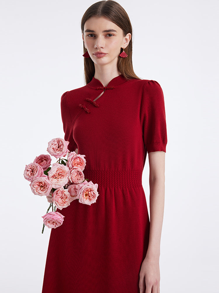 New Chinese-Style Mandarin Collar Knitted Women Midi Dress GOELIA
