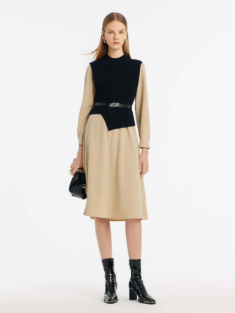 Asymmetrical Knitted Vest And Midi Dress Two-Piece Set With Belt GOELIA