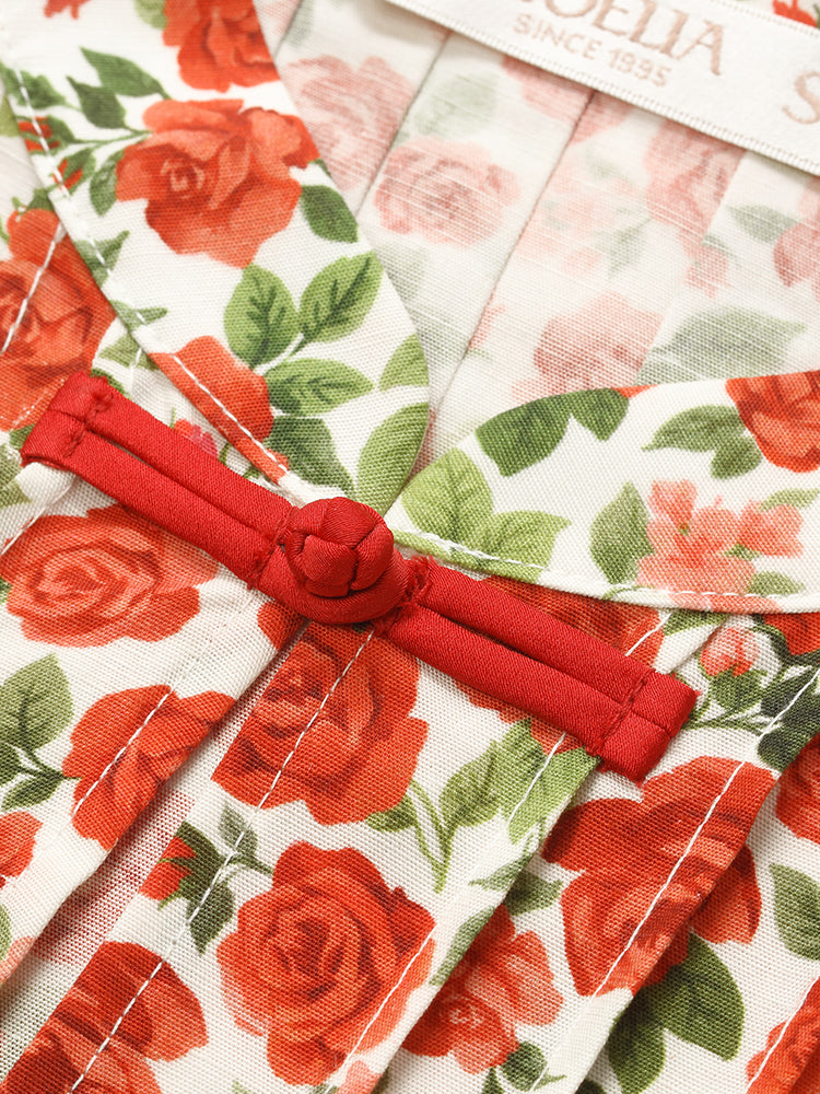 Rose Printed Ruffle Sleeves Mandarin Collared Women Mini Dress GOELIA