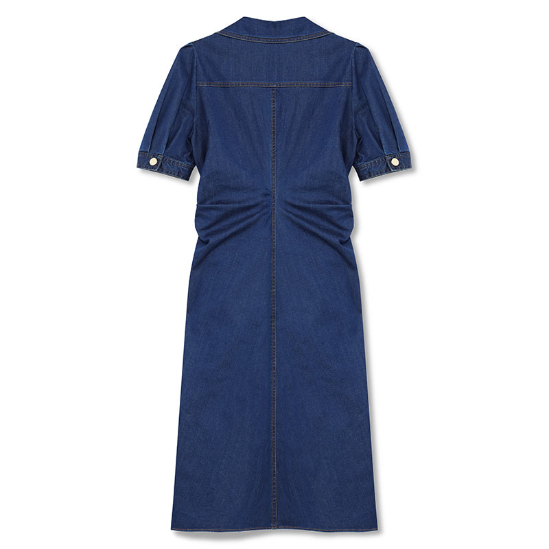 Denim Gathered Waist Pleated V-Neck Midi Dress GOELIA