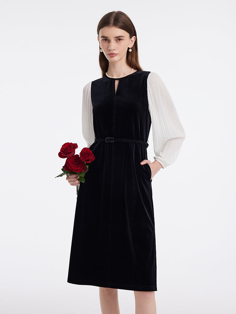 Pleated Sleeves Velvet Patchwork Women Midi Dress GOELIA