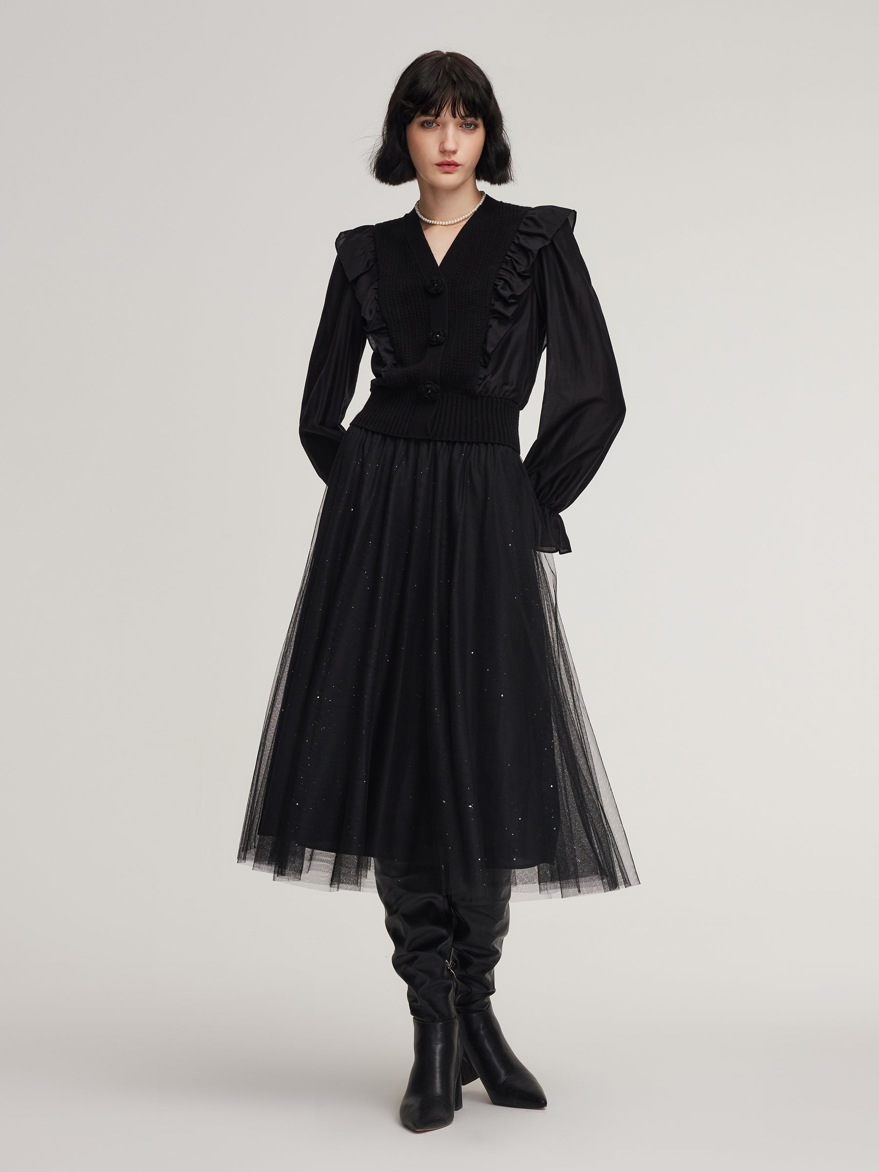 Tencel Wool Blend Long Sleeve Knit Top And Sequins Skirt Two-Piece Set GOELIA