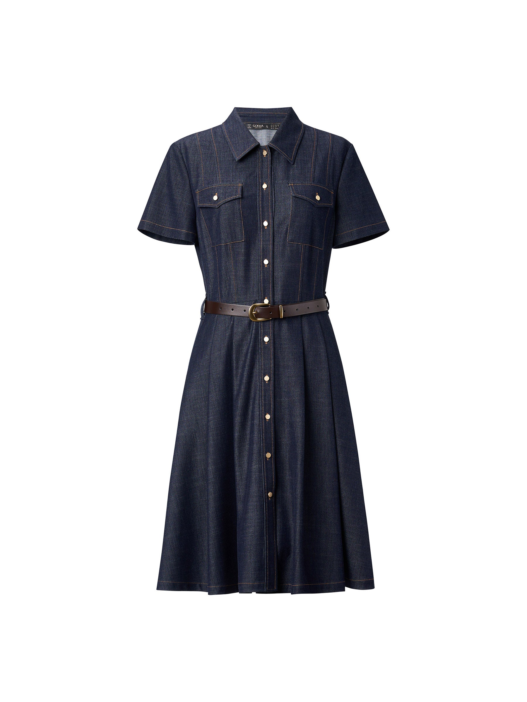 [Preview] Gather-Waisted Women Shirt Midi Dress With Leather Belt GOELIA