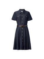 [Preview] Gather-Waisted Women Shirt Midi Dress With Leather Belt GOELIA