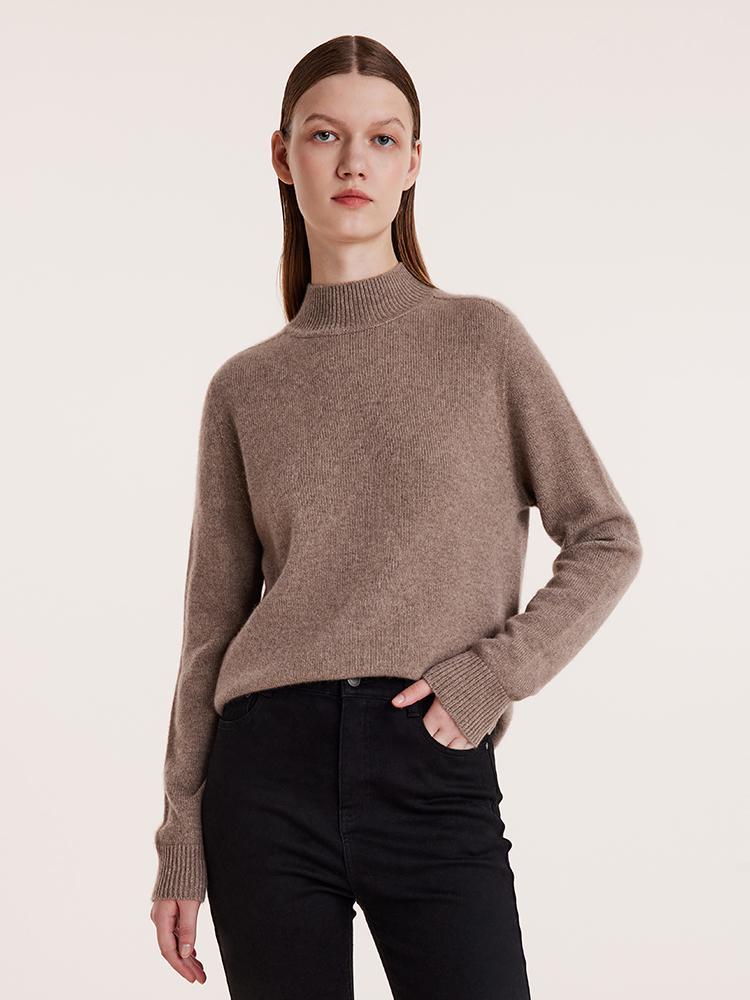 Beige Pure Cashmere Mock Neck Women Sweater