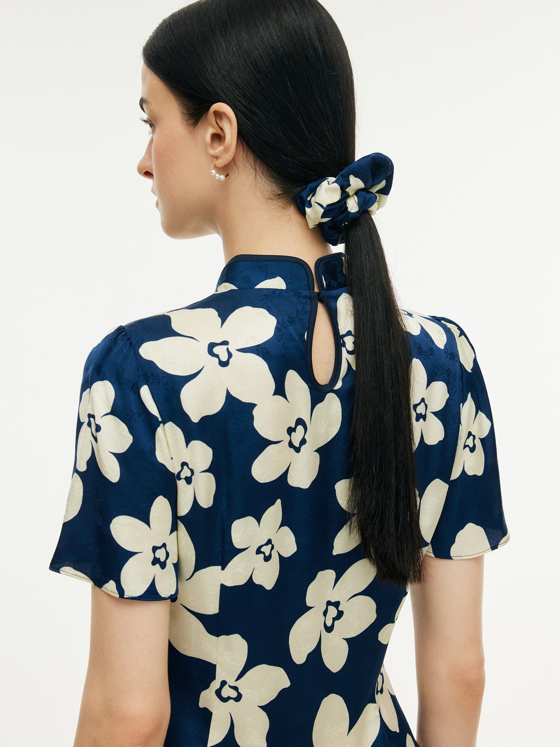 Floral Print Ruffle Sleeve Women Qipao Midi Dress GOELIA