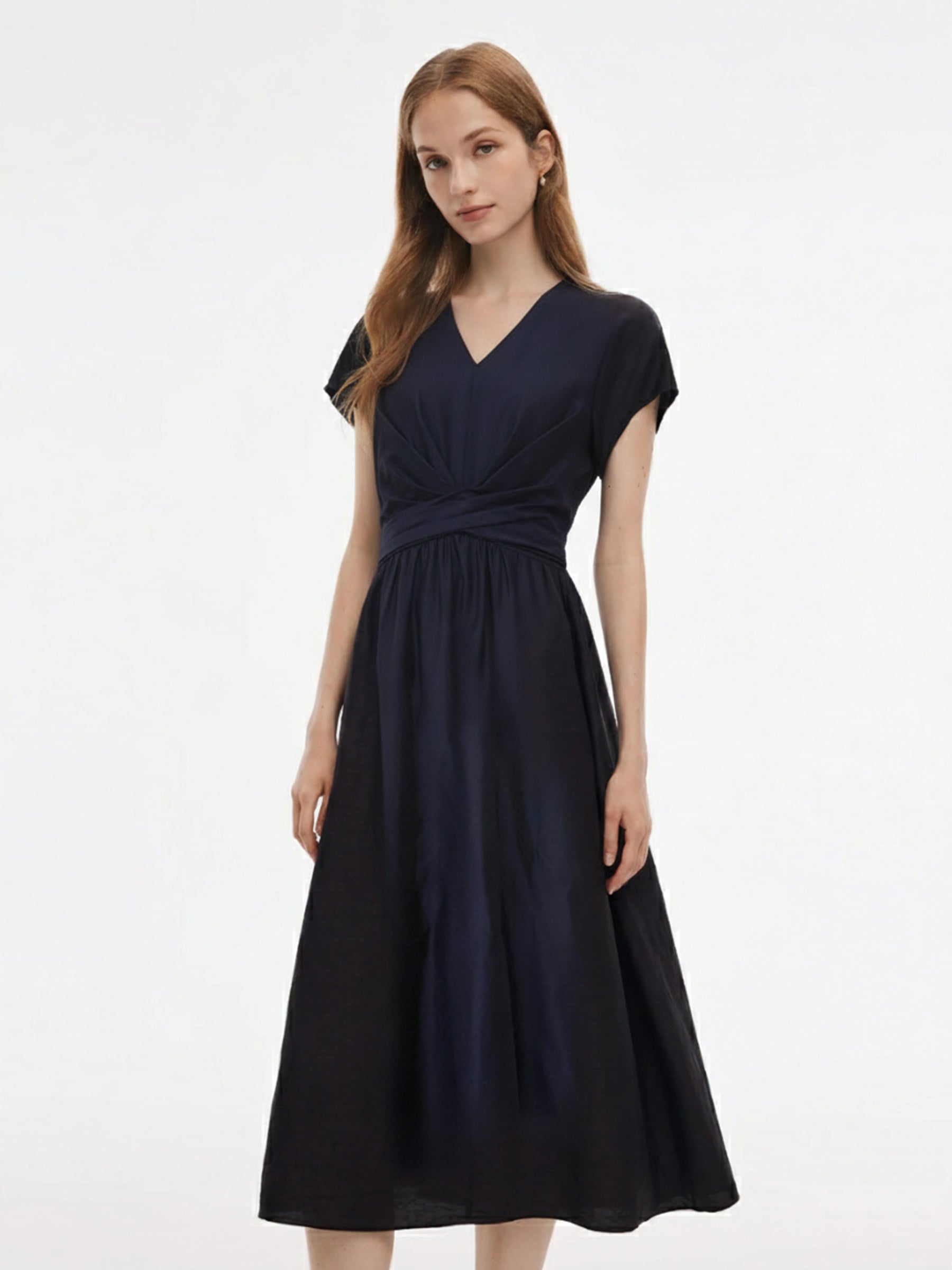 Tencel Blend Twist Front V-Neck Women Maxi Dress GOELIA