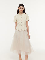 Tweed Sequins Short Sleeve Jacket And Mesh Skirt Two-Piece Set GOELIA