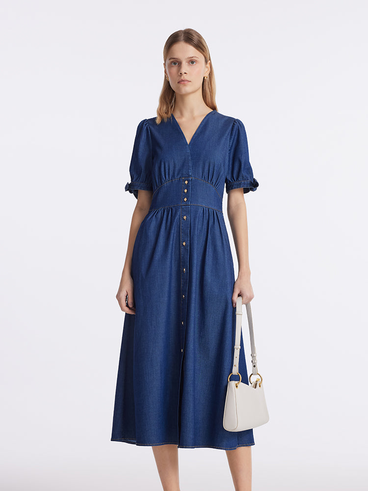 Gathered Waist Denim Women Midi Dress GOELIA