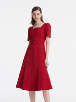 Jacquard Square Neck Single-Breasted Women Midi Dress With Belt GOELIA