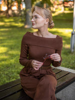Tencel Wool Blend Boat Neck Women Knit Maxi Dress With Leather Belt GOELIA