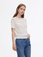 Tencel Blend Openwork Women Ruffle Round Neck Knit Top GOELIA