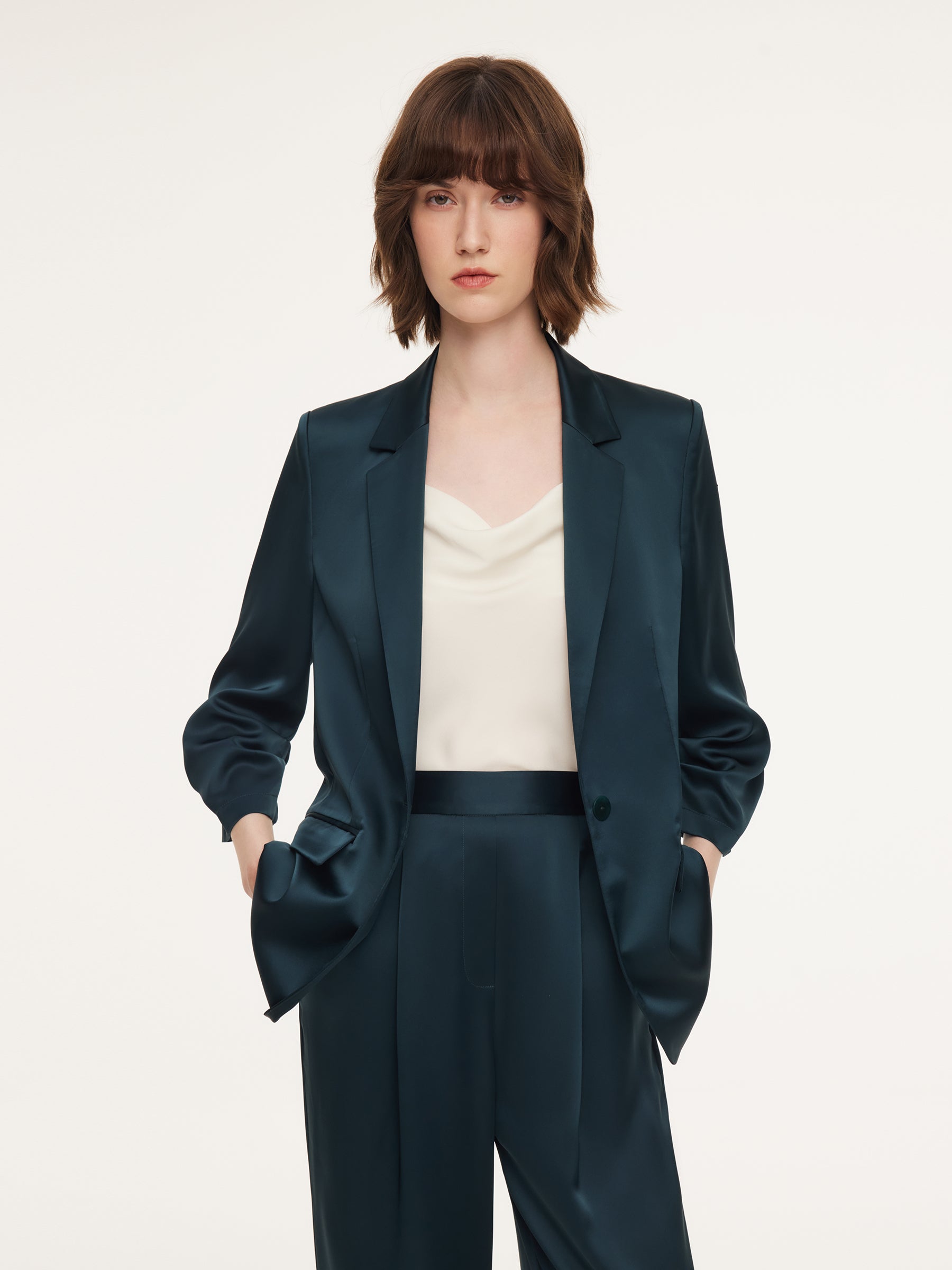 Triacetate Blend Ruched Sleeve Women Blazer GOELIA