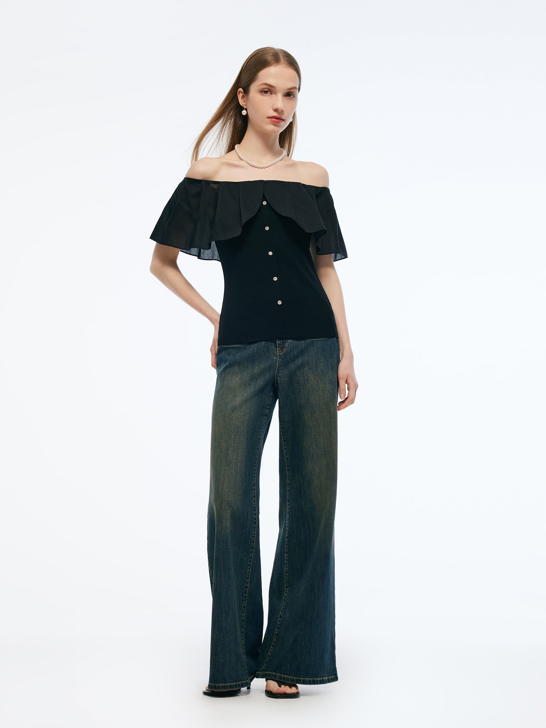 Tencel Blend Convertible Neckline Women Ruffled Top GOELIA