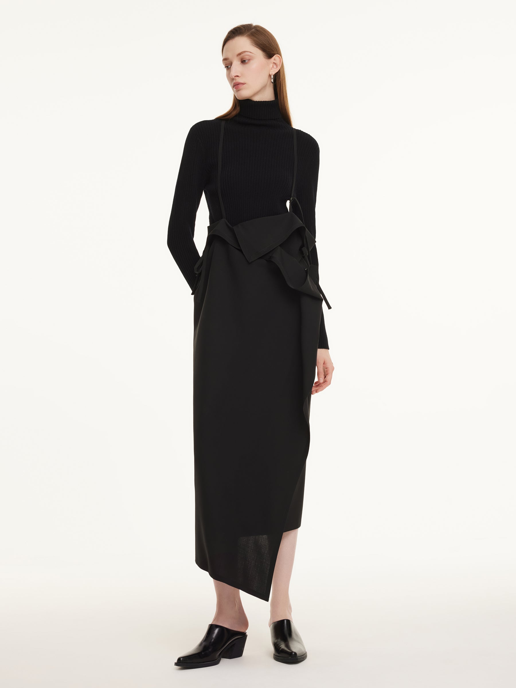 Merino Wool Asymmetric Drape Women Pinafore Maxi Dress GOELIA