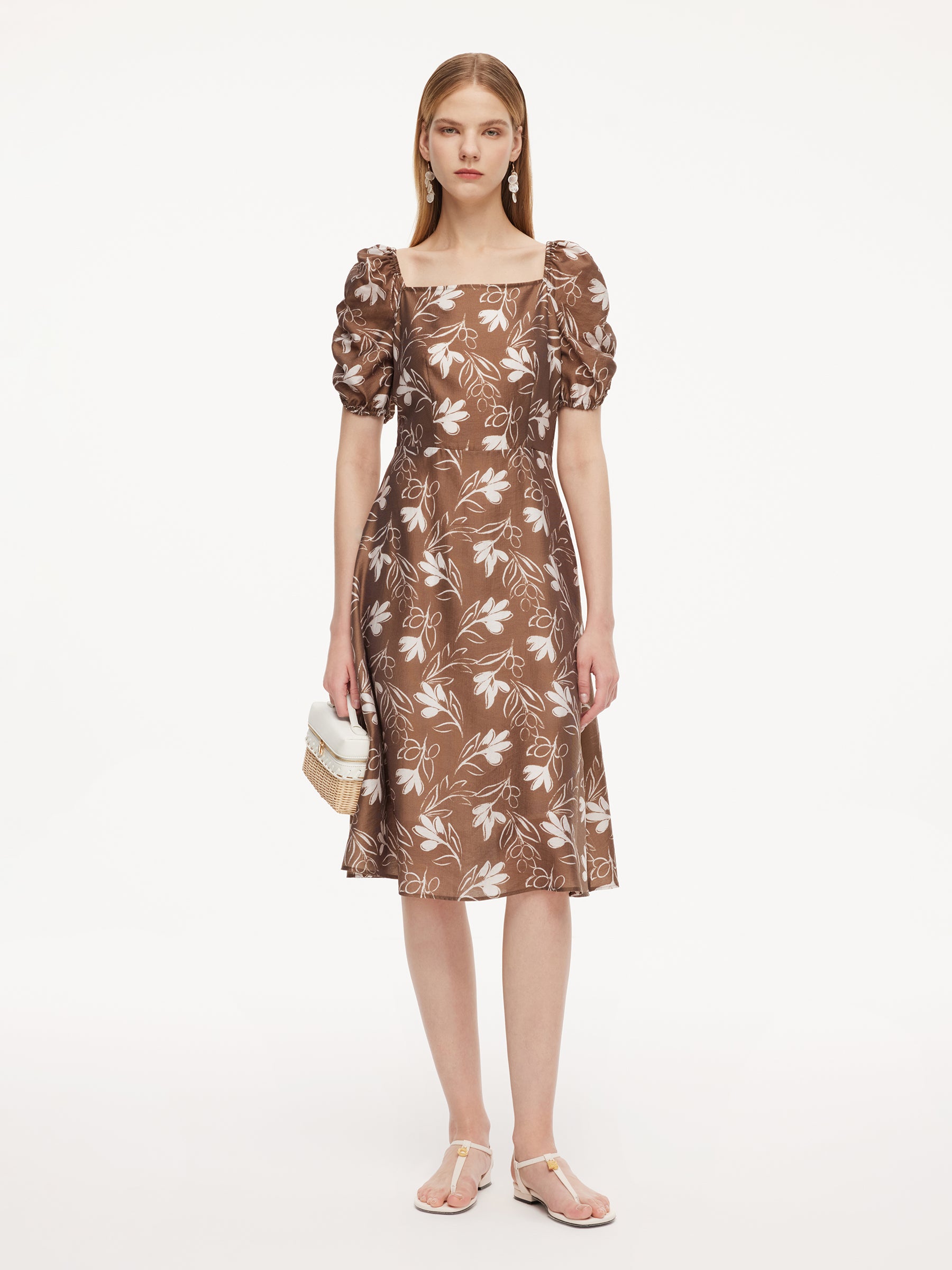 Tencel Blend Floral Print Square Neck Women Midi Dress GOELIA