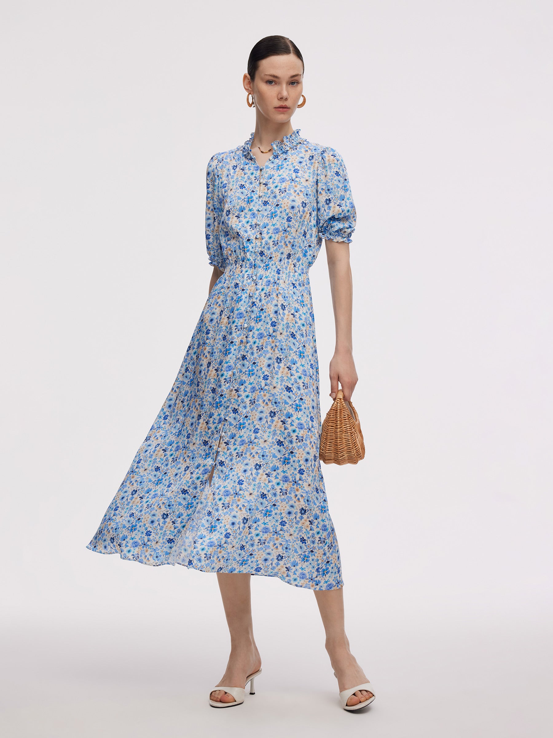 19MM Mulberry Silk Floral Print Ruffle Collar Maxi Dress GOELIA