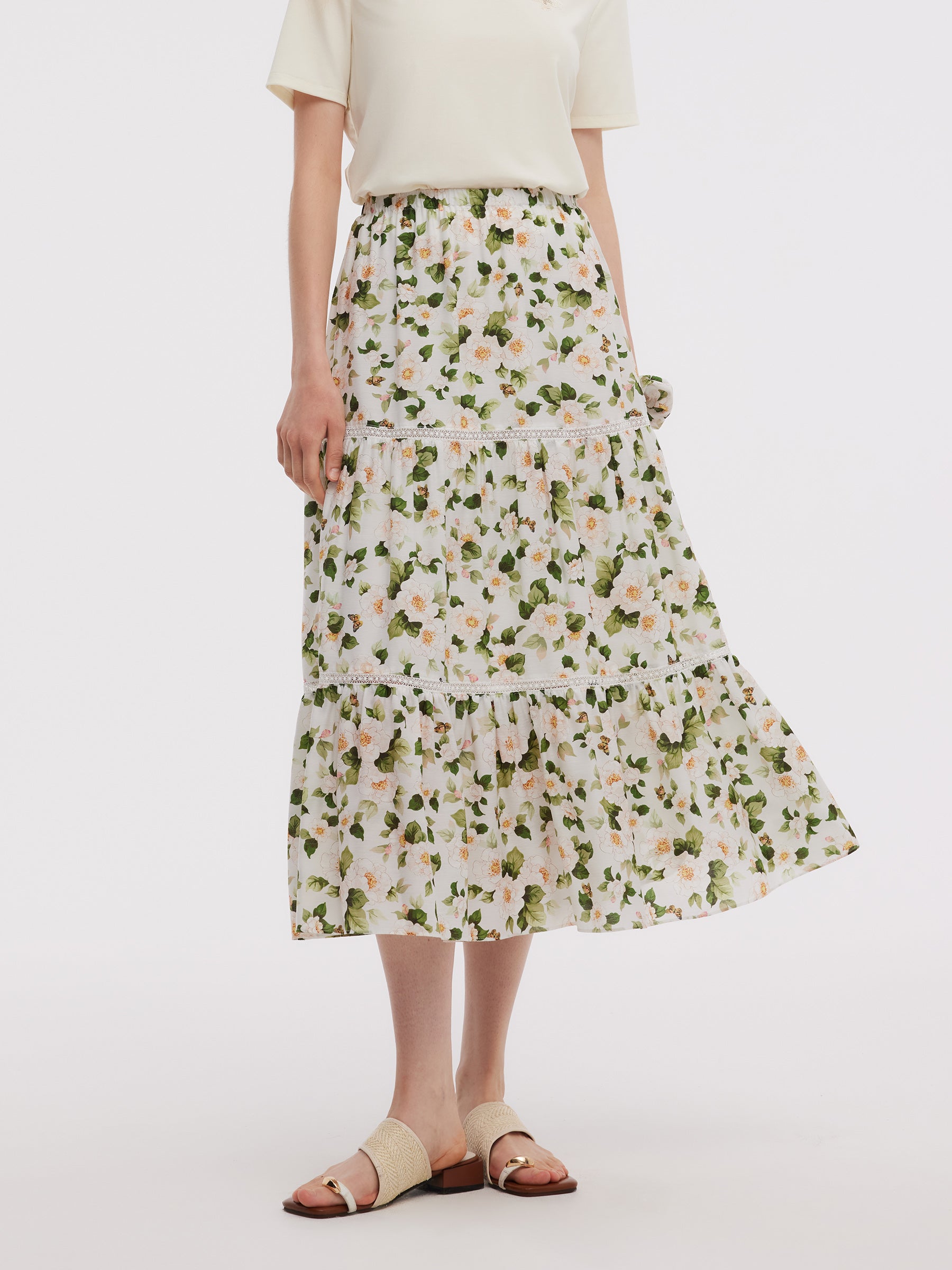 Acetate Blend Floral Print Women Tiered Skirt GOELIA