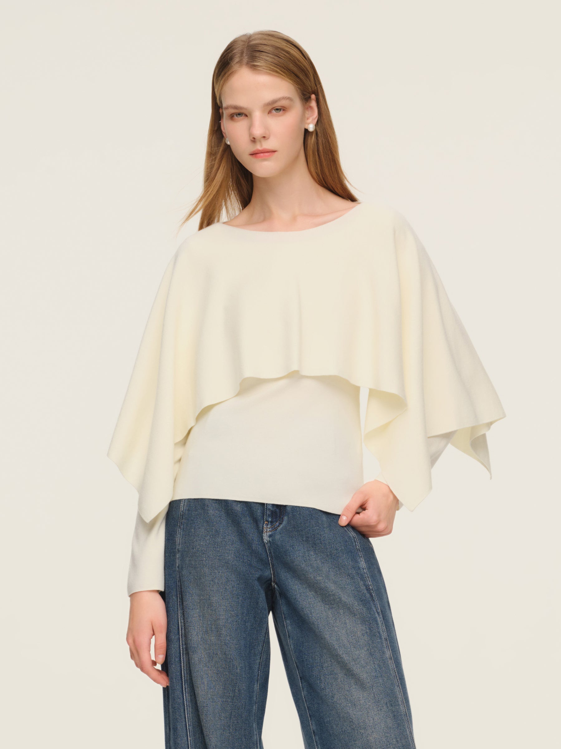 Tencel Wool Blend Women Knit Top With Pullover Cape GOELIA