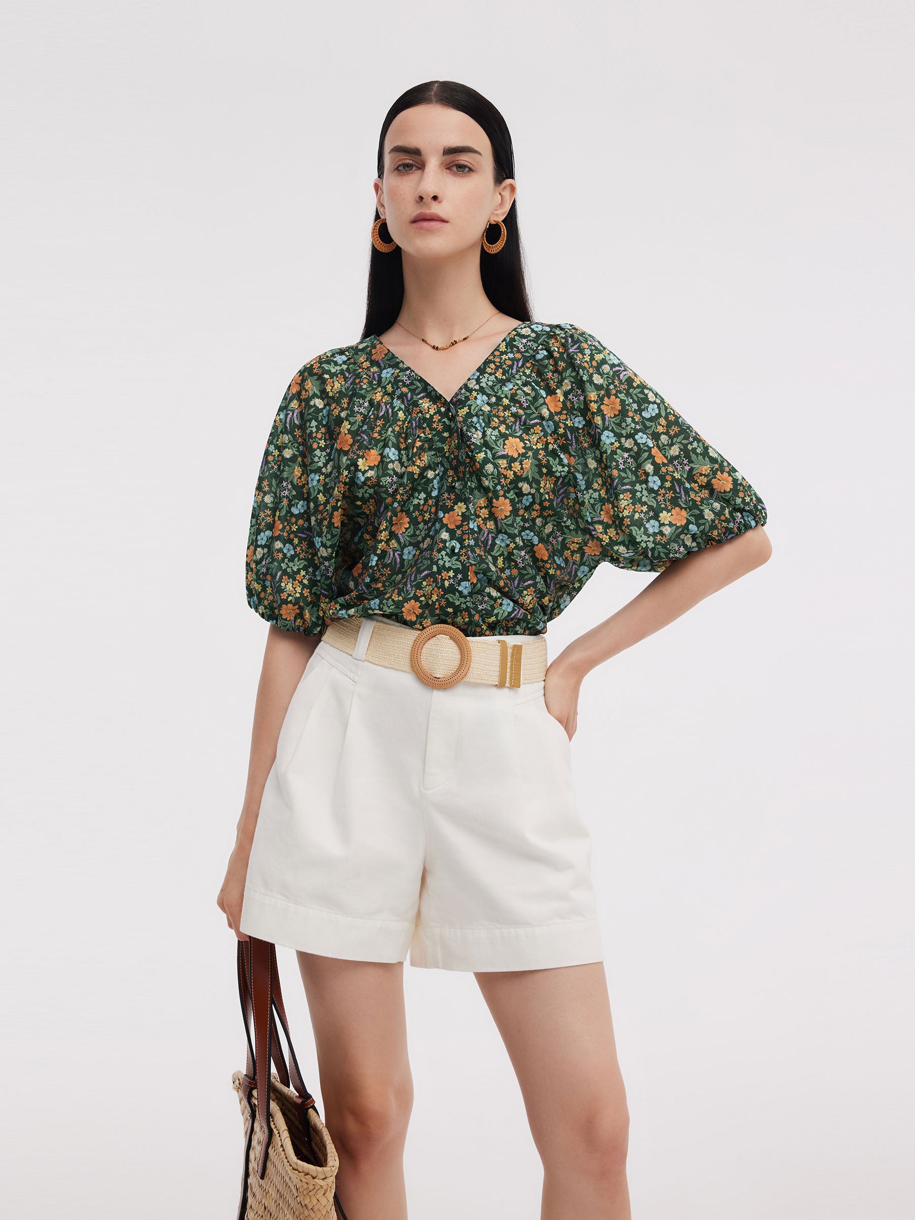 Tencel Blend Floral Print Women V-Neck Blouse GOELIA