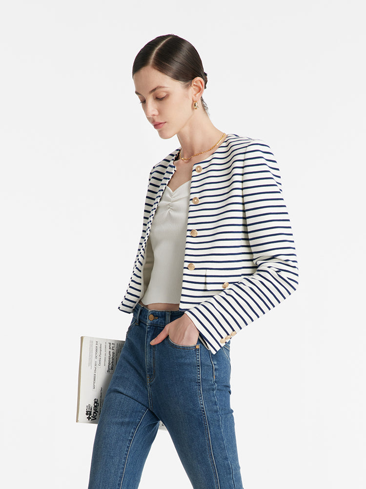 Cotton Striped Single-Breasted Women Crop Jacket GOELIA