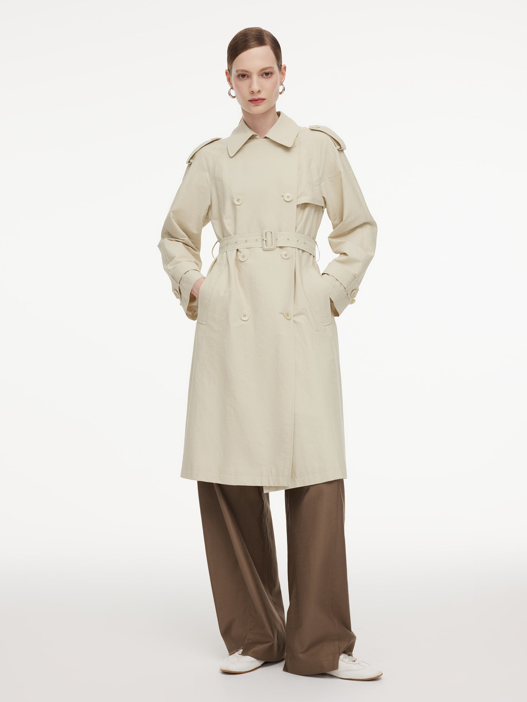 Cotton Blend Double-Breasted Women Belted Trench Coat GOELIA