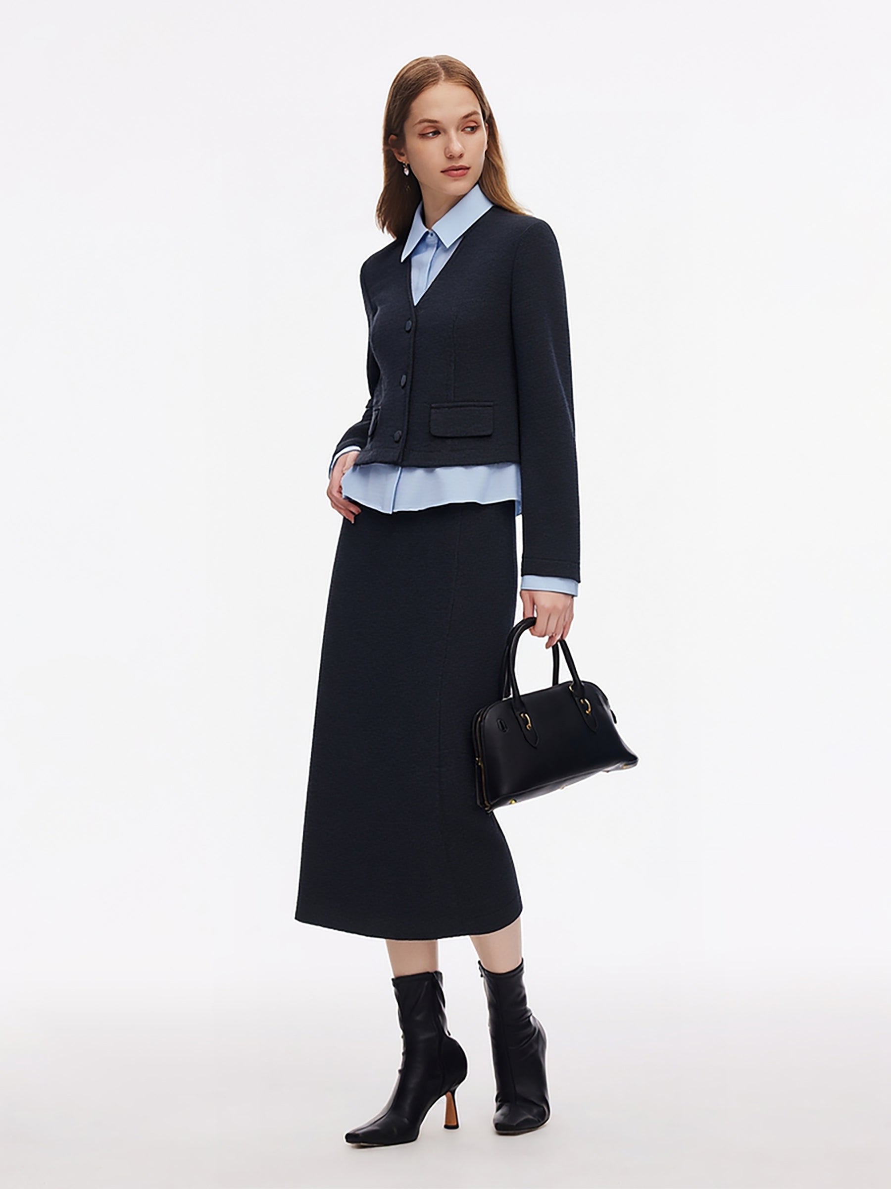 [Preview] Mock Layered Knit Top And Skirt Two-Piece Set GOELIA