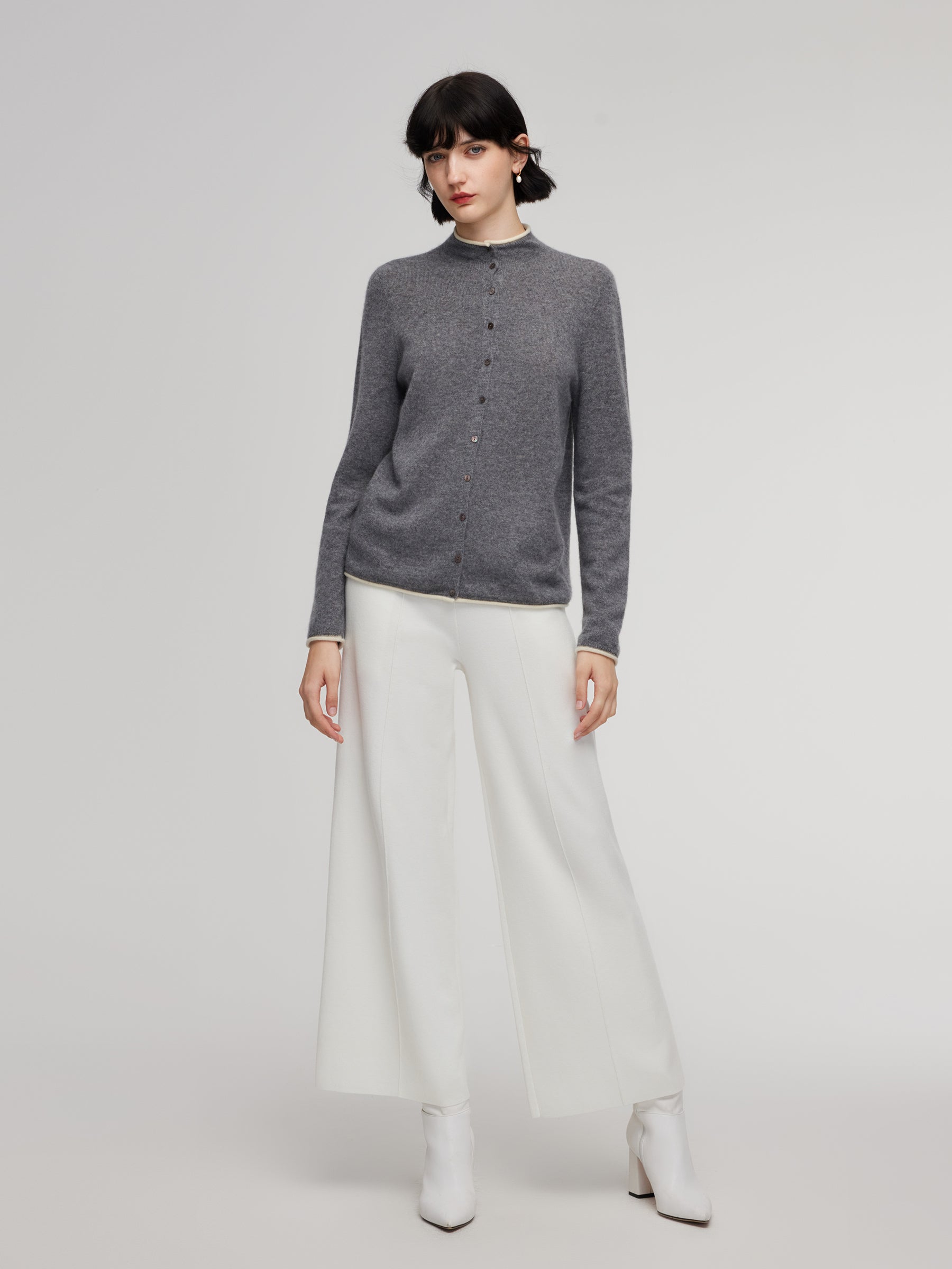 100% Cashmere Seamless Contrast Trim Women Cardigan GOELIA