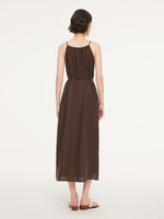 100% Linen Beaded Neck Women Strap Maxi Dress With Tie String Belt GOELIA