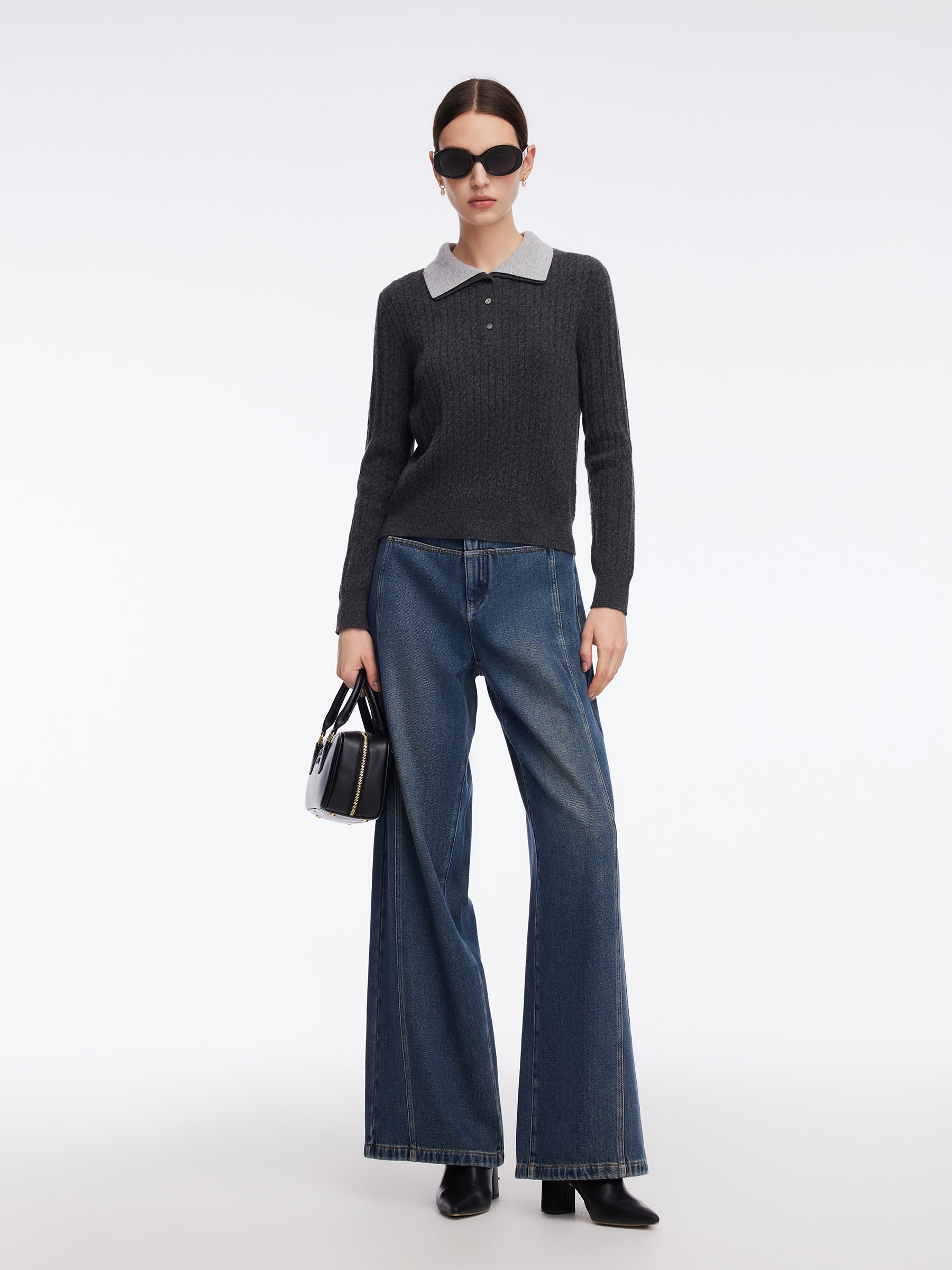 100% Wool Faux Two-Piece Lapel Women Knit Top GOELIA