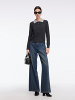 100% Wool Faux Two-Piece Lapel Women Knit Top GOELIA