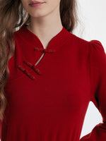 Tencel Wool Cheongsam Button Gathered Waist Women Qipao Dress GOELIA