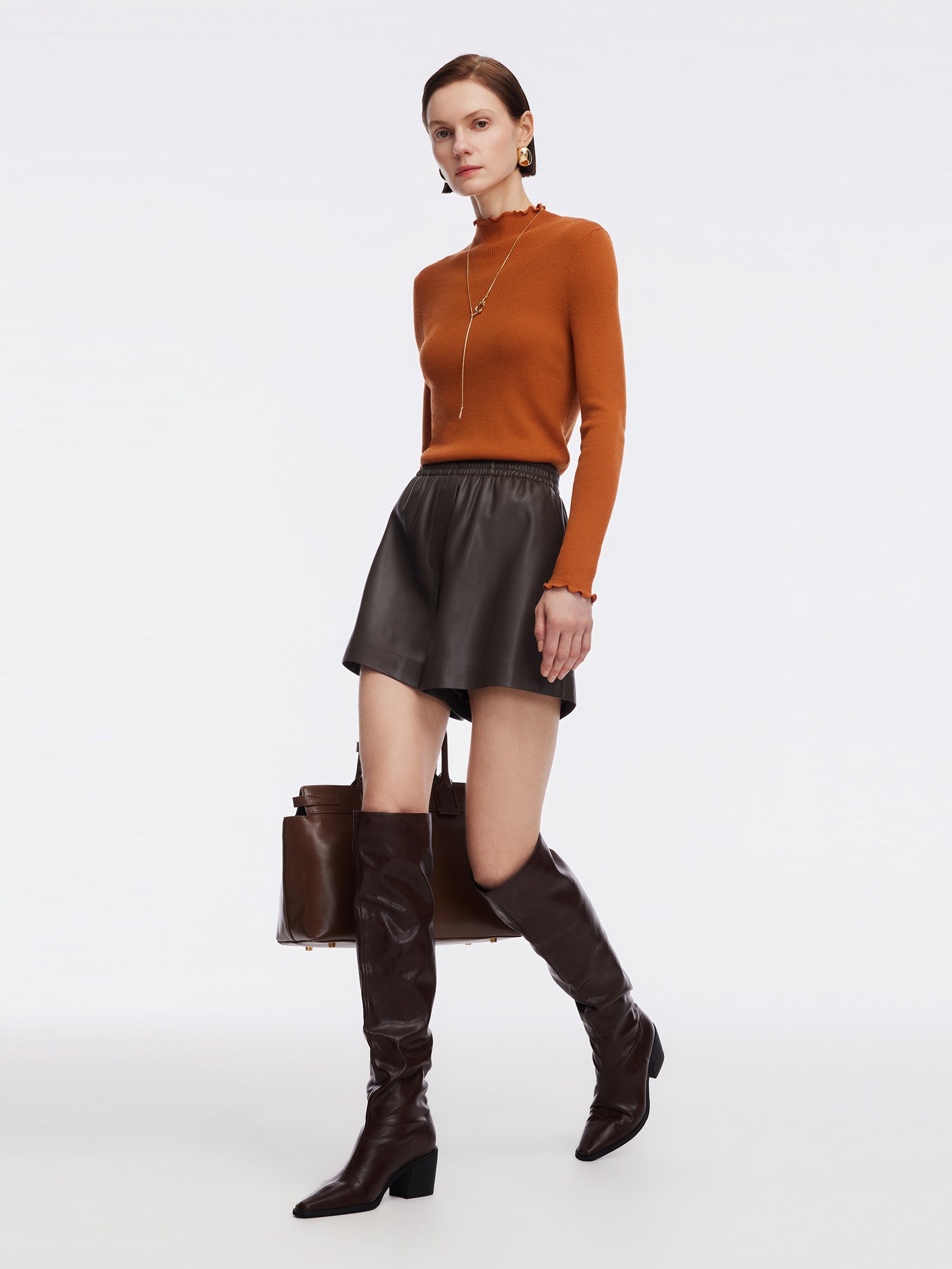 PU Leather Elastic Waist Women A-Line Shorts GOELIA