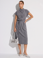 Lyocell Linen Blend Cowl Neck Women Belted Maxi Dress GOELIA