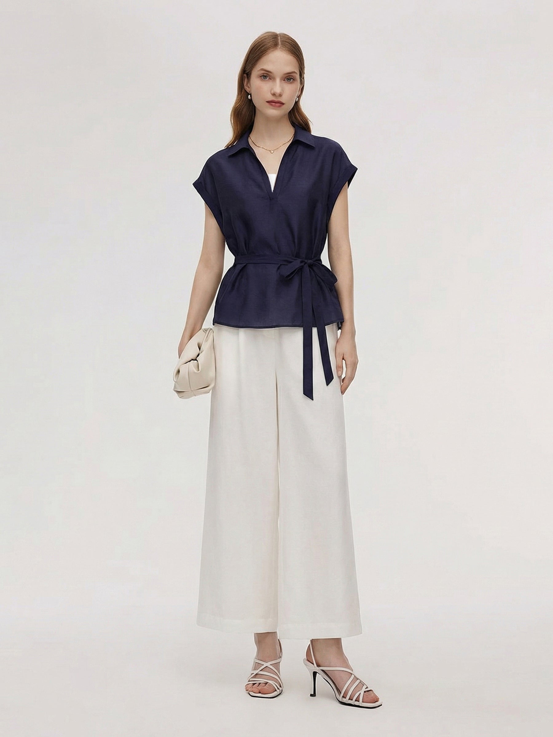 Pre-Order Tencel Blend Belted Blouse And Pants Two-Piece Set GOELIA
