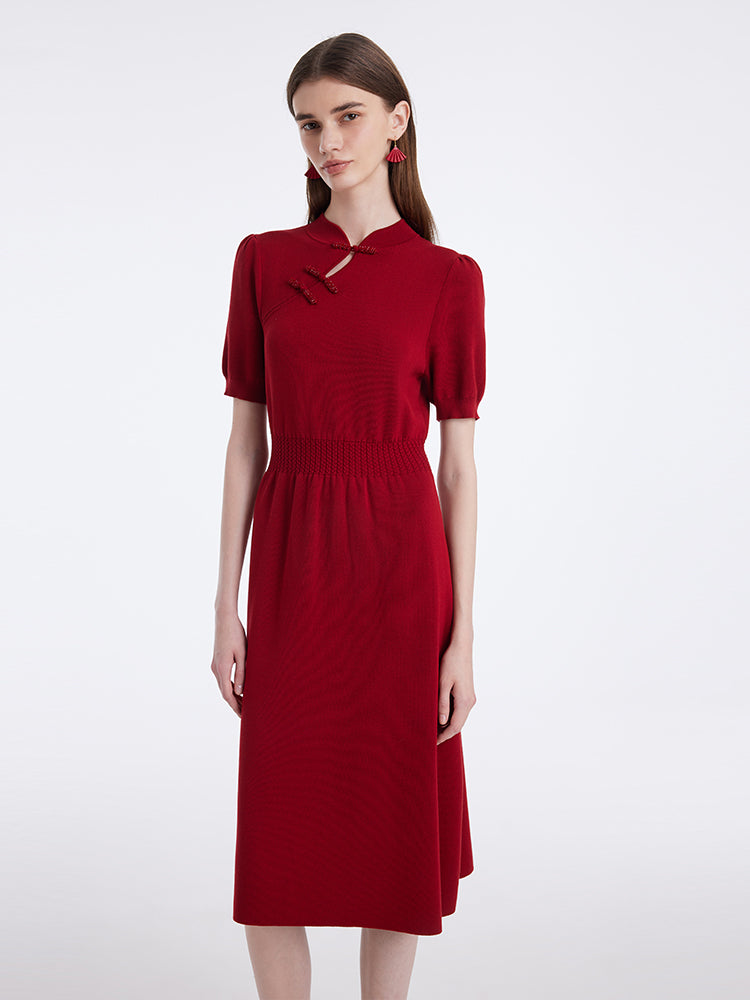 New ChineseStyle Mandarin Collar Knitted Women Midi Qipao Dress GOELIA