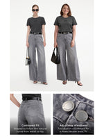 Lyocell Cotton Blend Denim Women Straight Wide Leg Jeans With Leather Belt GOELIA