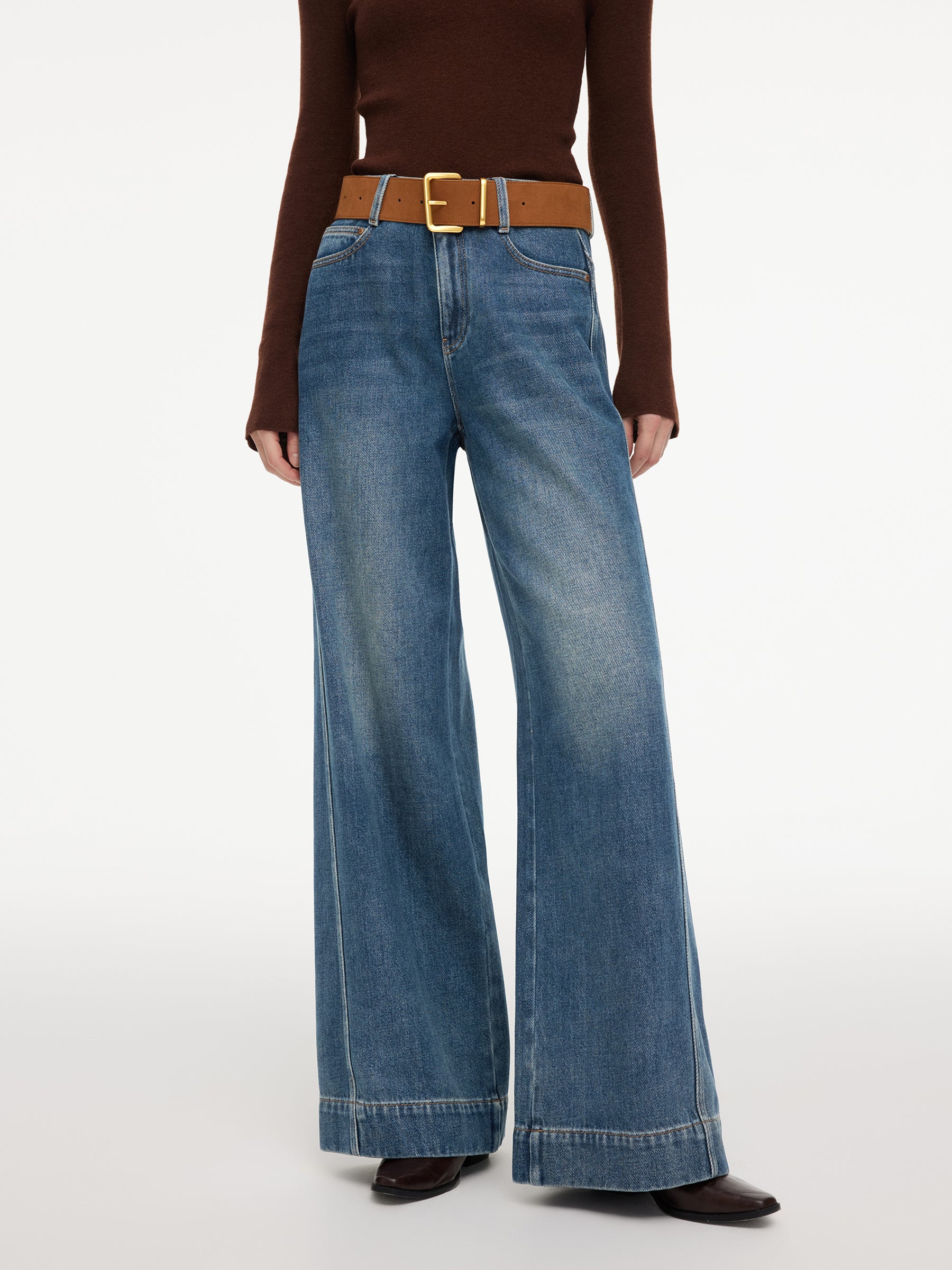 100% Cotton Denim Women Wide Leg Jeans With Belt GOELIA
