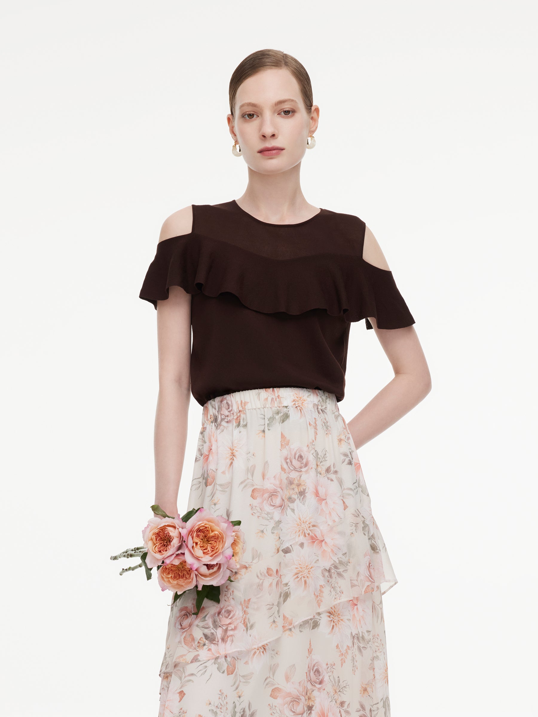 Tencel Blend Ruffle Cold Shoulder Women Knit Top GOELIA