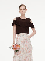 [Preview] Tencel Blend Ruffle Cold Shoulder Women Knit Top GOELIA