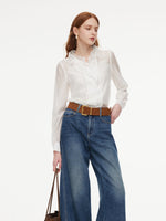 Tencel Blend Ruffle Neck Women Shirt With Knit Camisole GOELIA