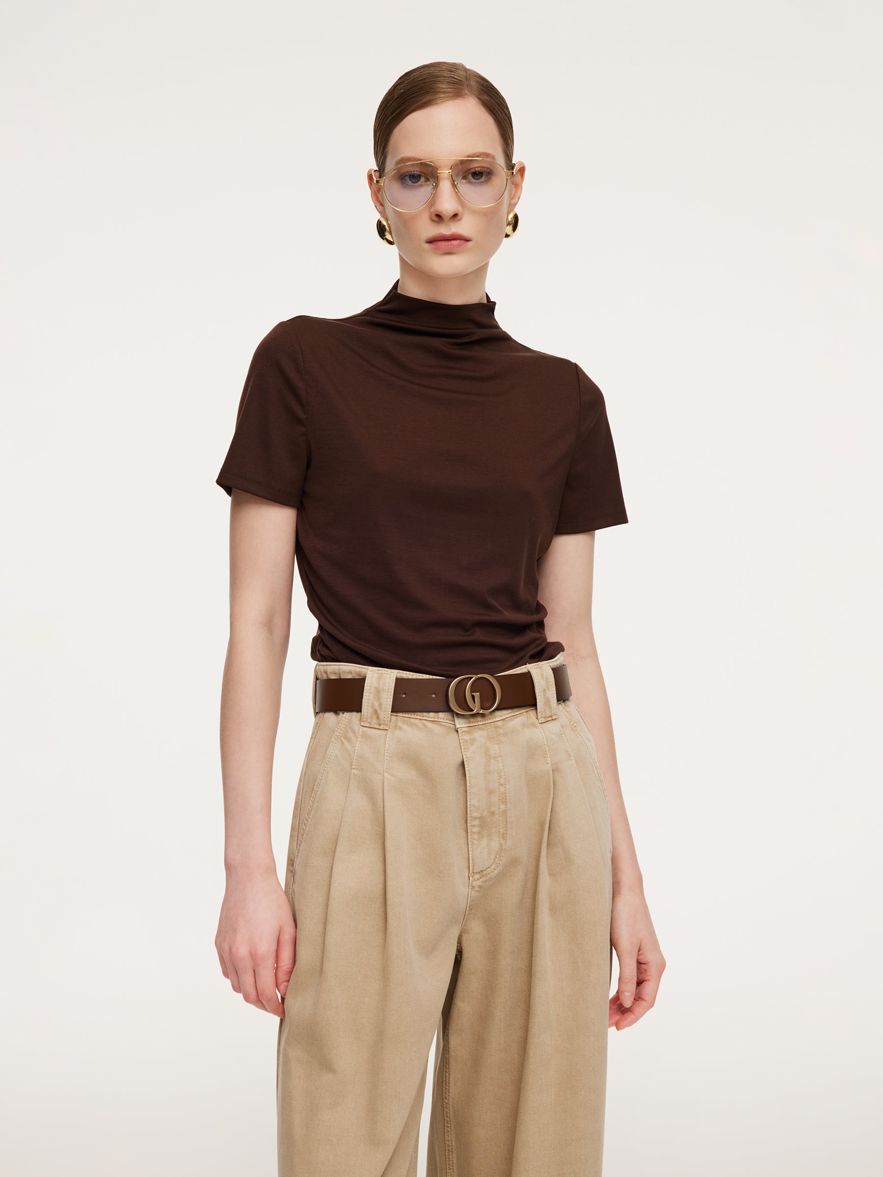 [Preview] Lyocell Blend Mock Neck Ruched Women Knit Top With Triangle Scarf GOELIA