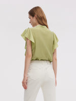 Acetate Blend V-Neck Women Ruffle Sleeve Blouse GOELIA