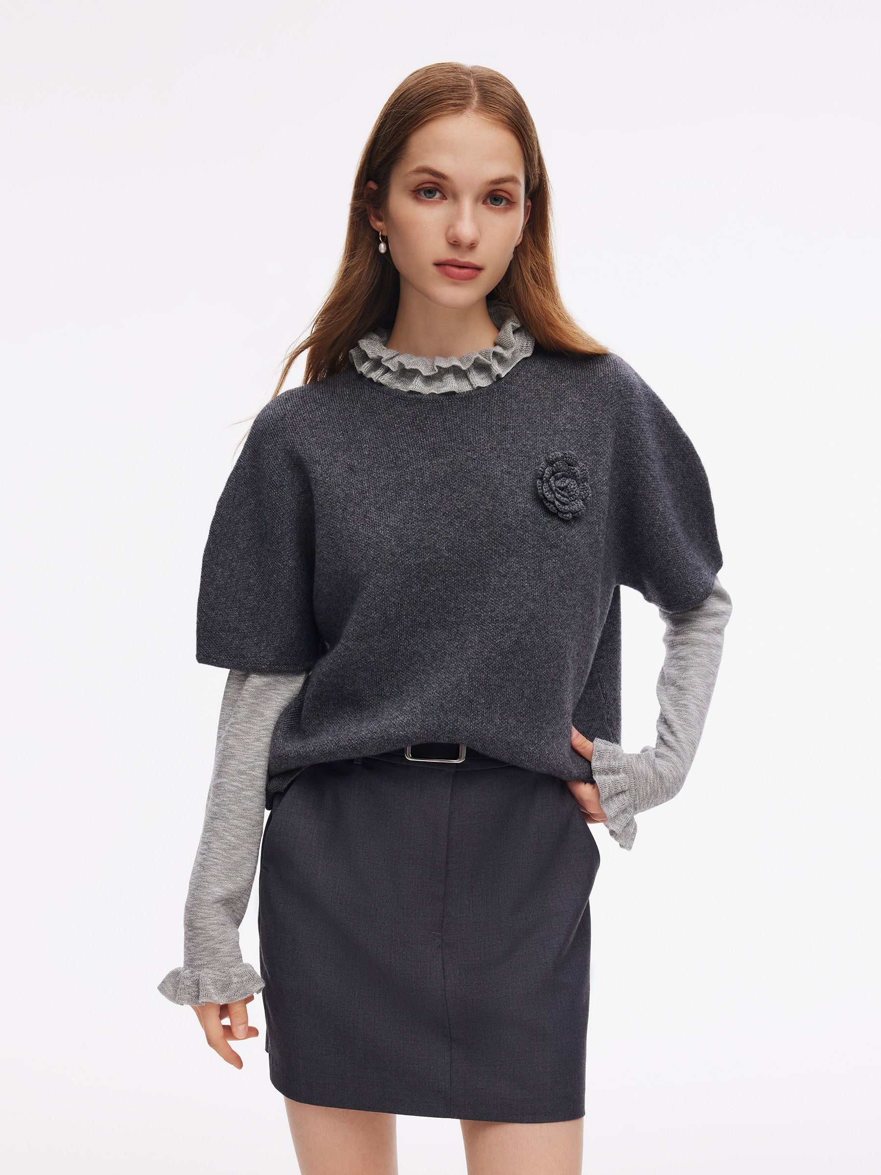 Wool Blend Women Knit Top With Detachable Brooch GOELIA