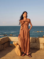 Tencel Blend Women Ruffle Cap Sleeve Maxi Dress With Sash GOELIA