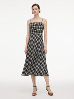 [Preview] Plaid Fringed Hem Strap Dress And Cardigan Two-Piece Set GOELIA