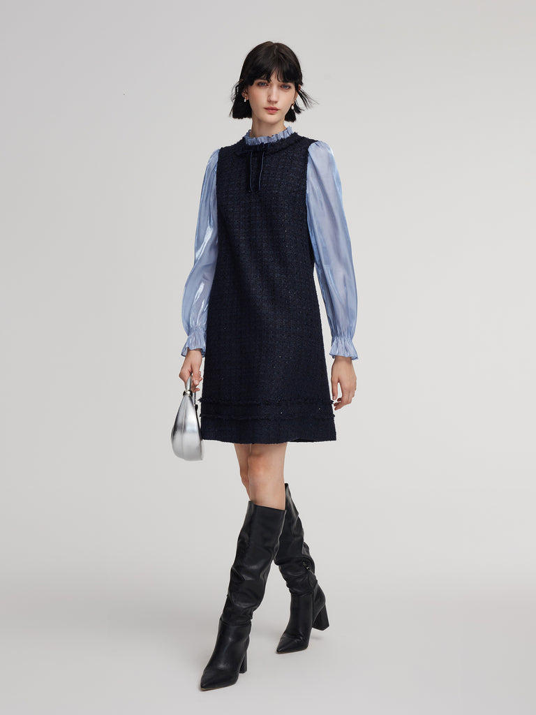 Wool Blend Tweed Women Mini Dress With Belt