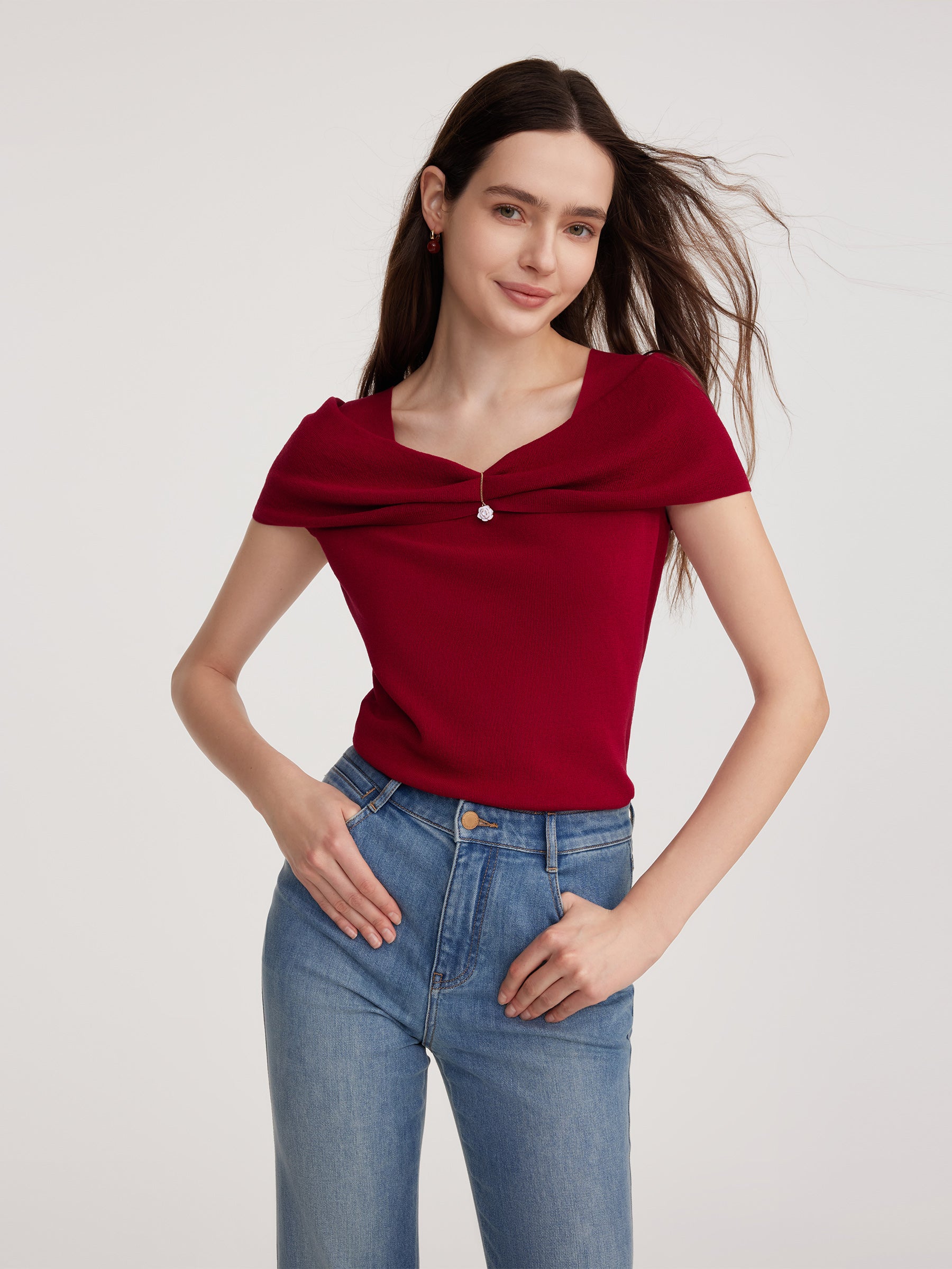 Lyocell Blend Off Shoulder Women Knit Top With Detachable Magnetic Flower GOELIA