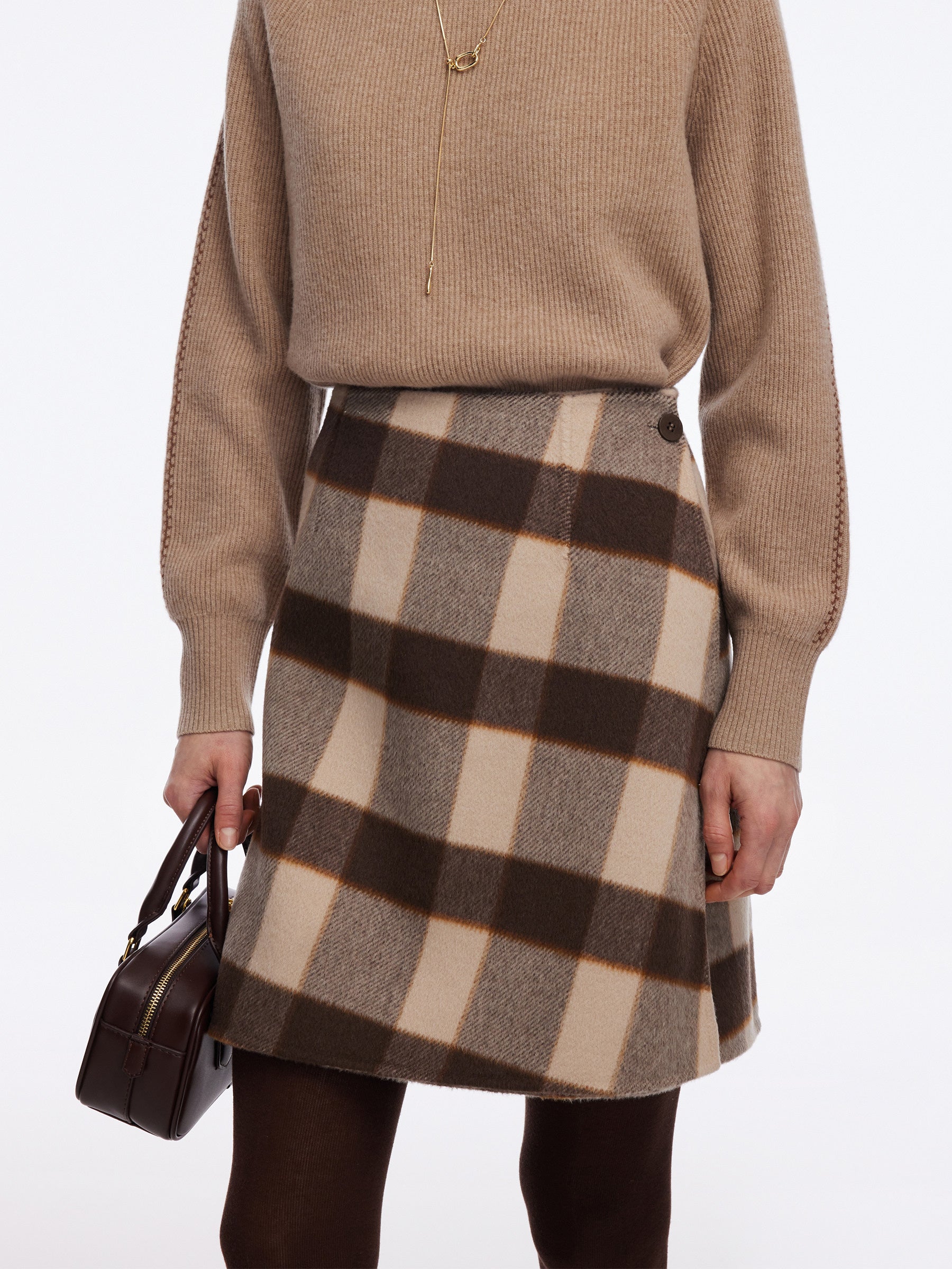 Cashmere Wool Blend Plaid Reversible Women A-Line Skirt GOELIA